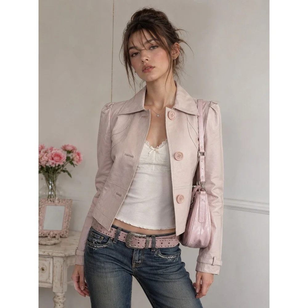 Spiegel Genuine Leather Jacket Pink Blush Puff Sleeve Y2K Cropped Women's Size 4 - Picture 1 of 16